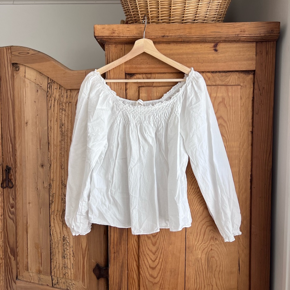 Neuflora | White Smocked Long Sleeve Women's Peasant Top